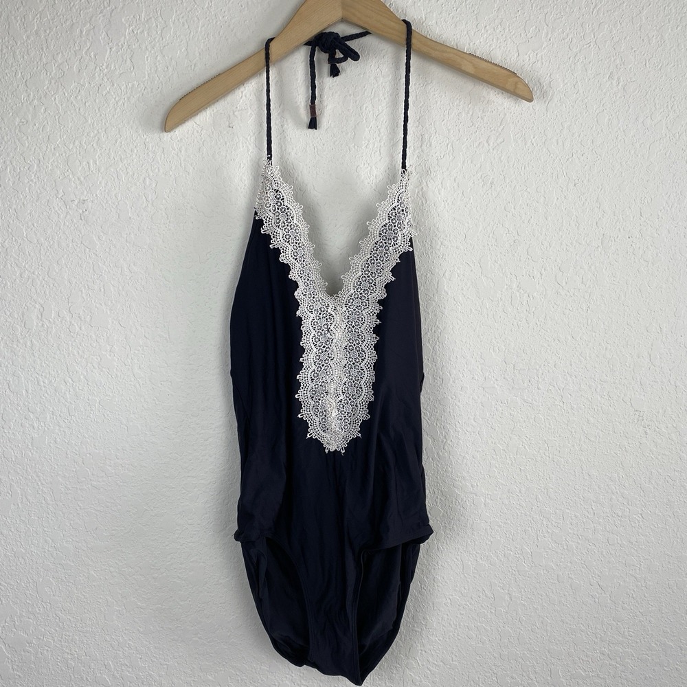 Anthropologie Allihop L Swimsuit One Piece Lace Trim Halter Cottagecore Black - Picture 4 of 10